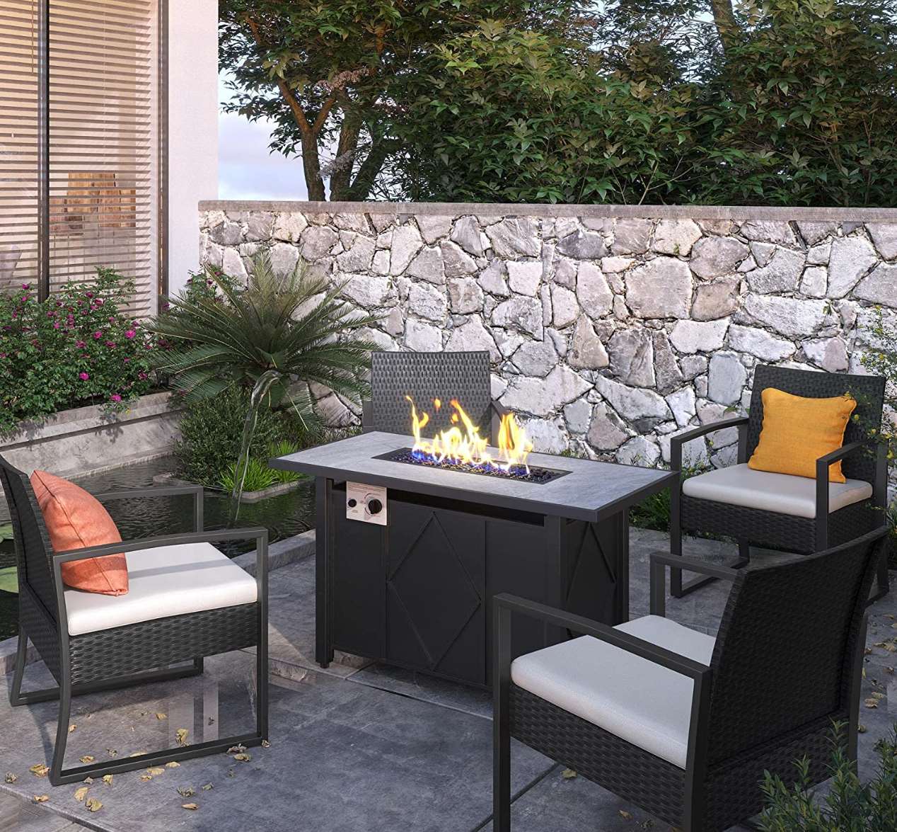 Risheng rectangular fire table in an outdoor seating area